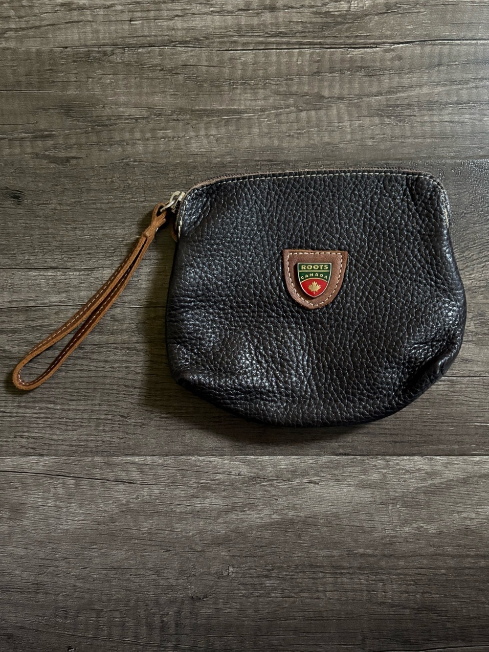 Vintage Roots Dark Brown Pebbled Leather Wristlet with Tan Strap